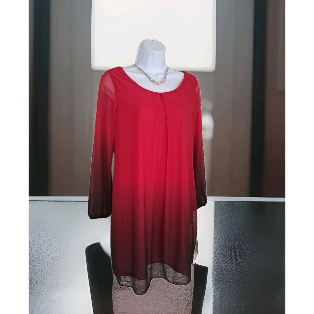 iz byer Dress Red Ombre S Long Sleeves Sheer Overlay Cut-out Back Popover Shift